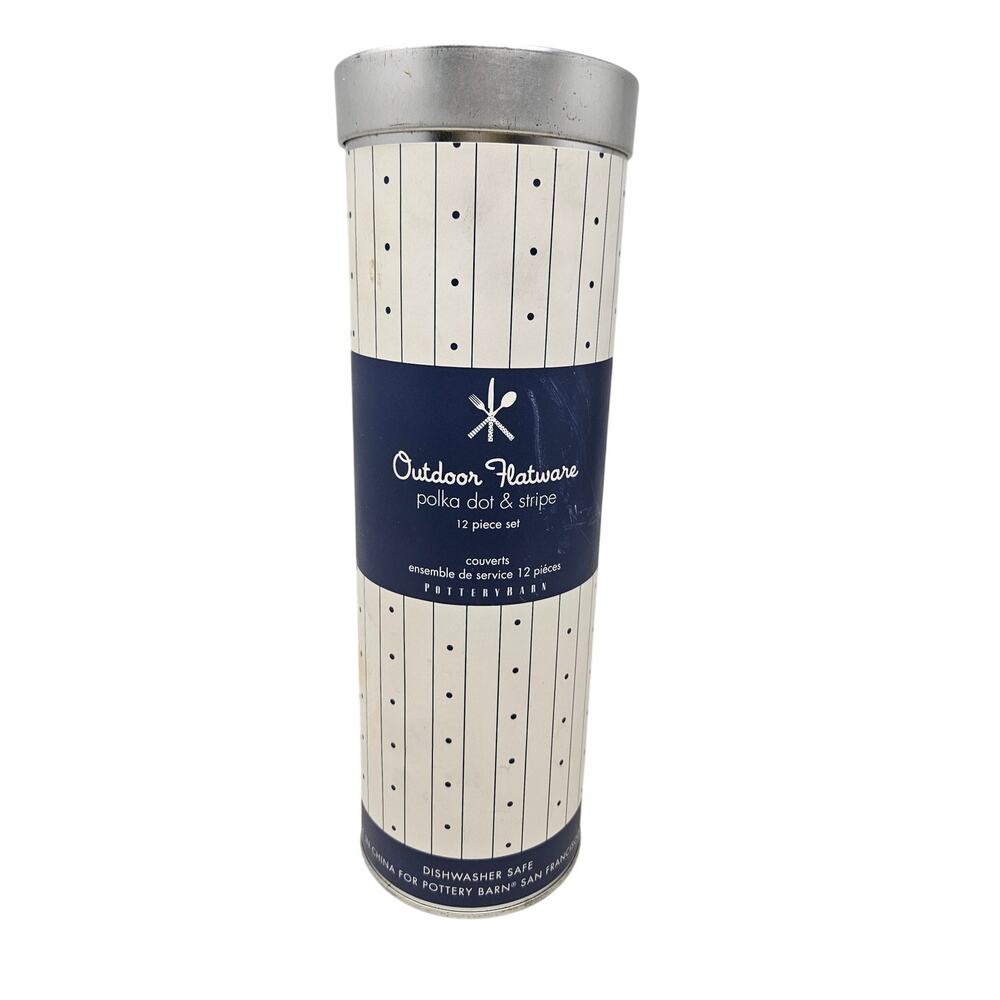NEW Pottery Barn Outdoor Flatware 12 Piece Navy Blue White Polka Dot Picnic